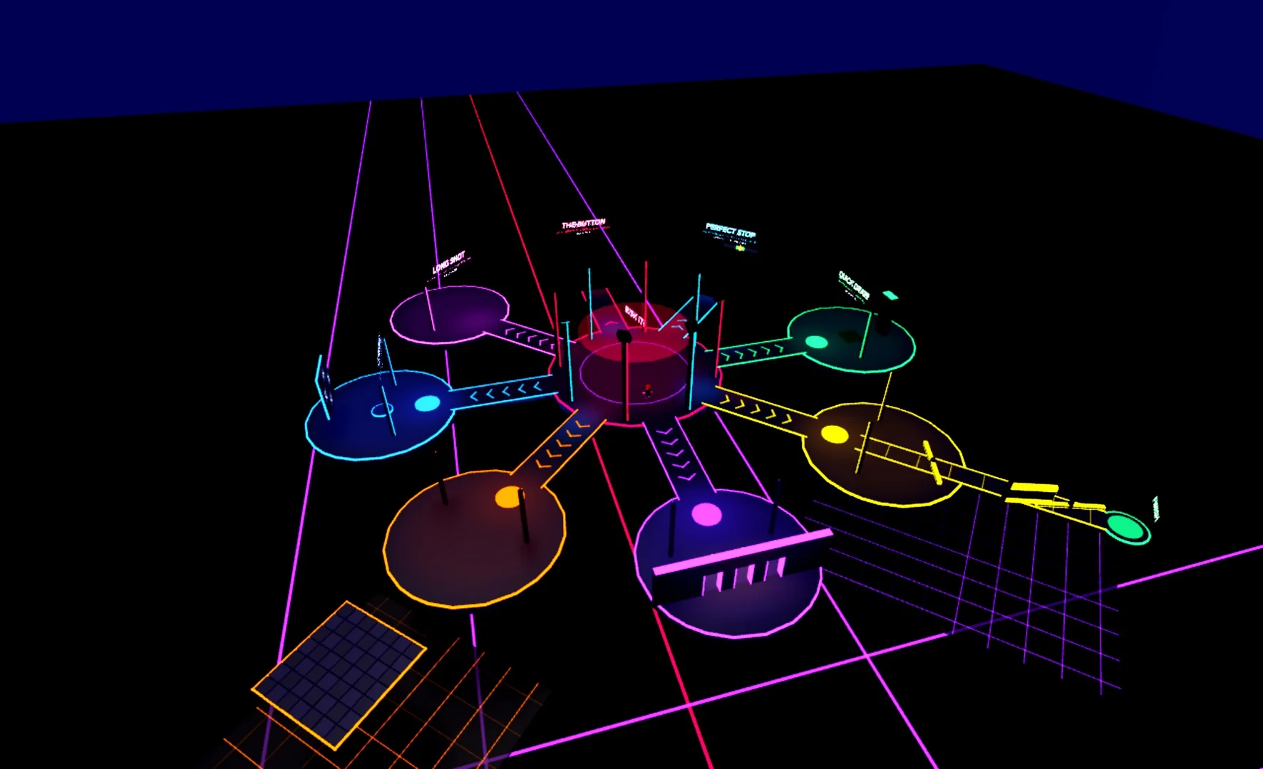Aerial view of the RISK IT! hub and its eight neon challenge islands over a synthwave grid