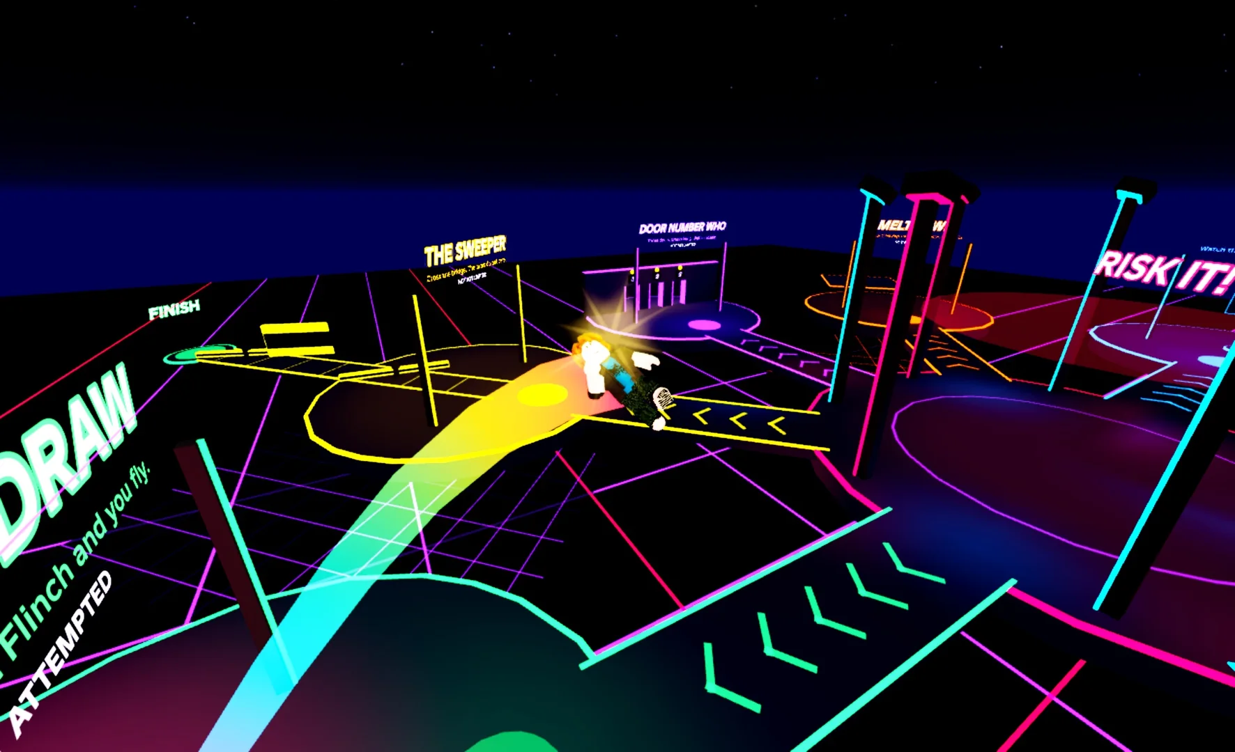 A player tumbling through the air with a rainbow trail and a starburst, the challenge islands behind