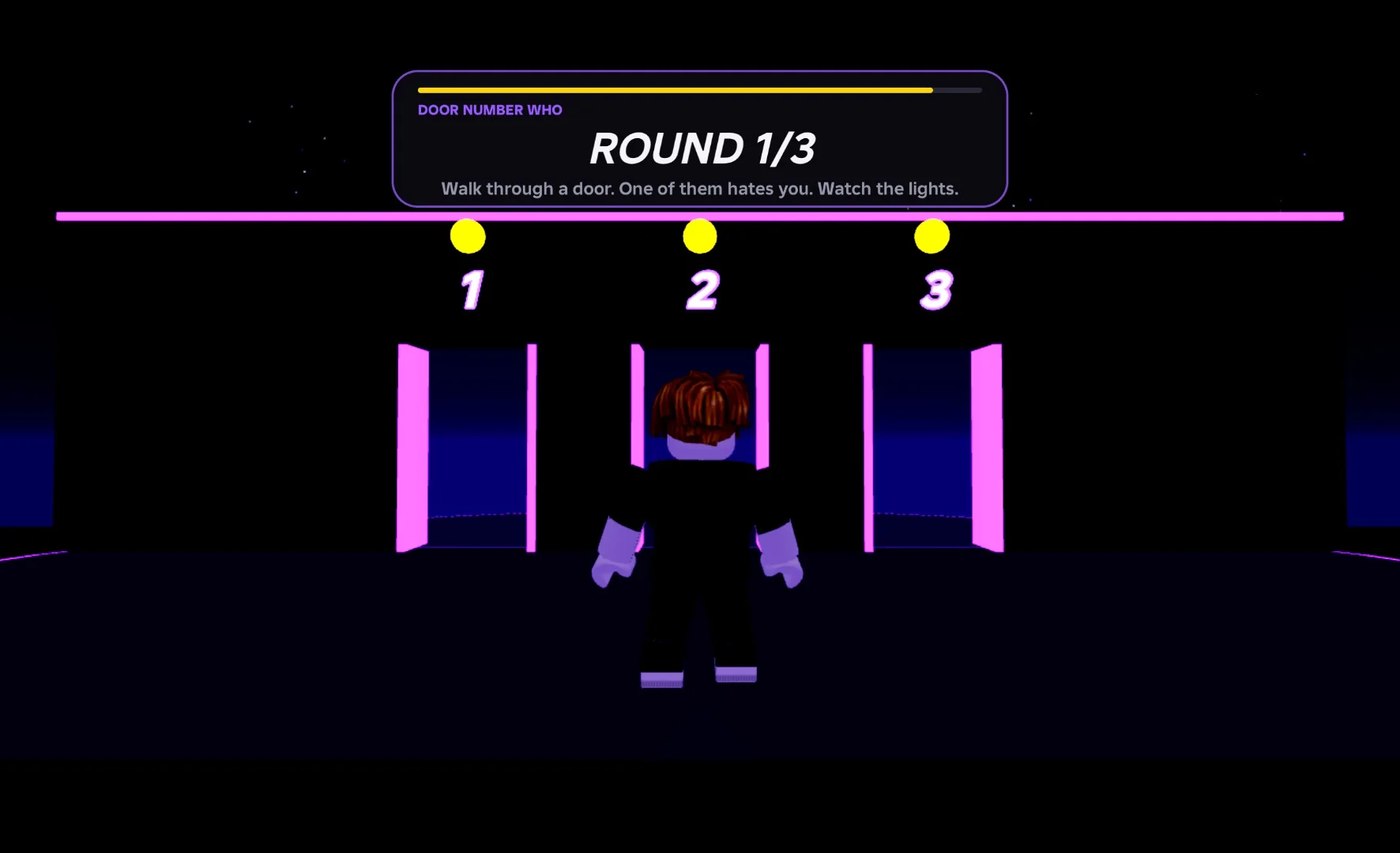 DOOR NUMBER WHO challenge: three neon doors numbered 1 to 3, each with a lamp above it