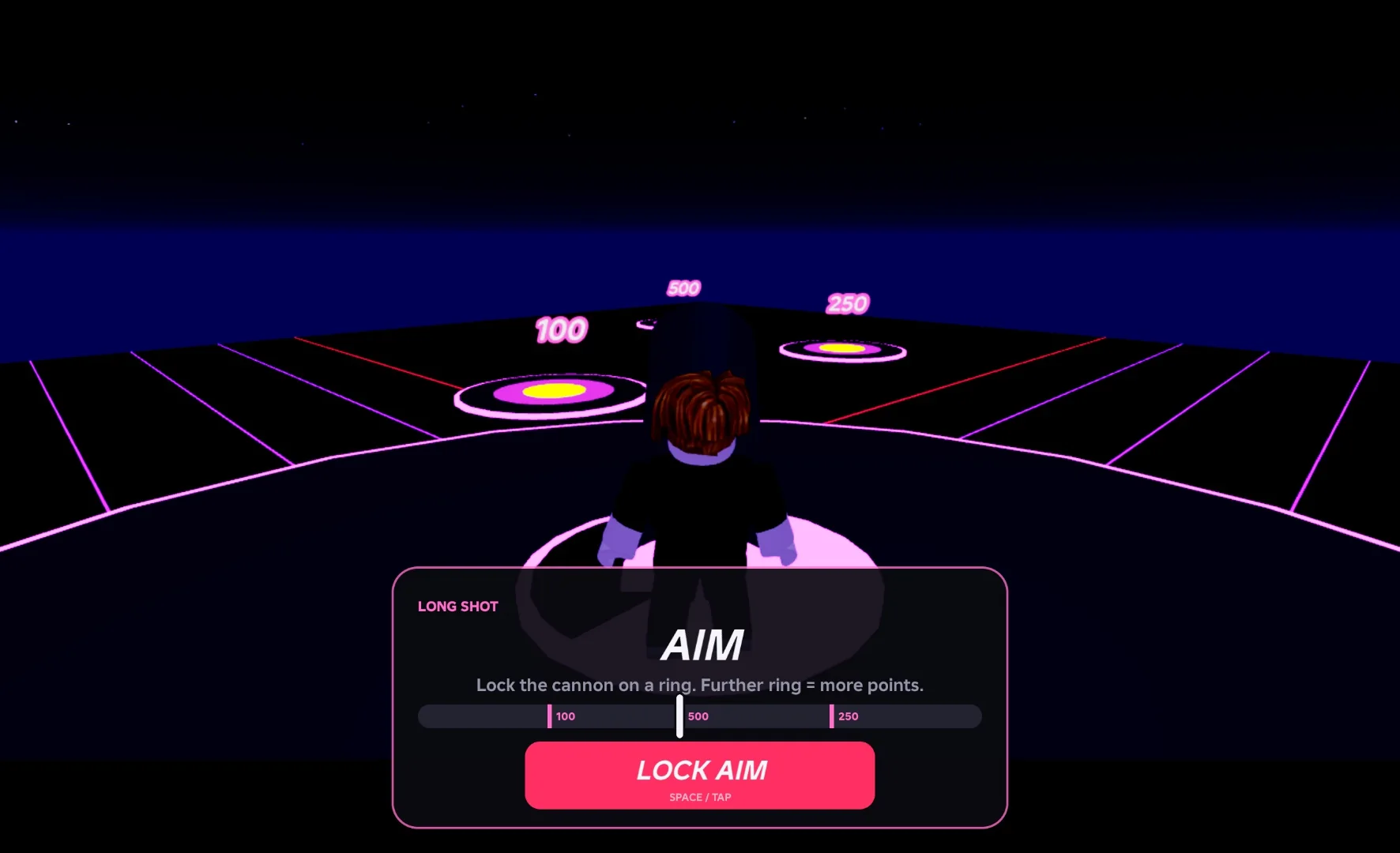 LONG SHOT challenge: the aim meter with ring markers and floating target rings below the cannon