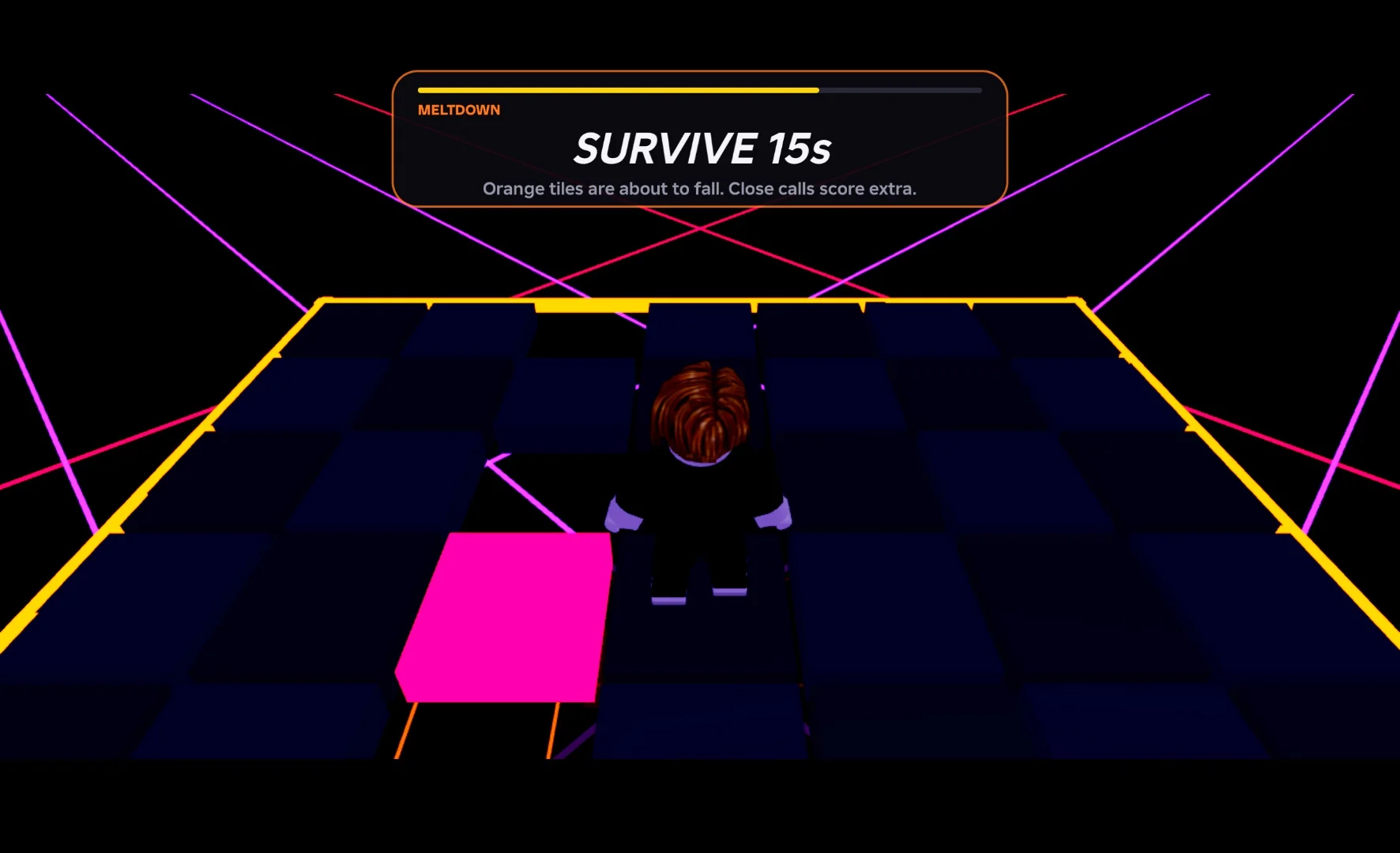 MELTDOWN challenge: a player on a dark tile grid with one tile flashing pink and a missing tile beside it