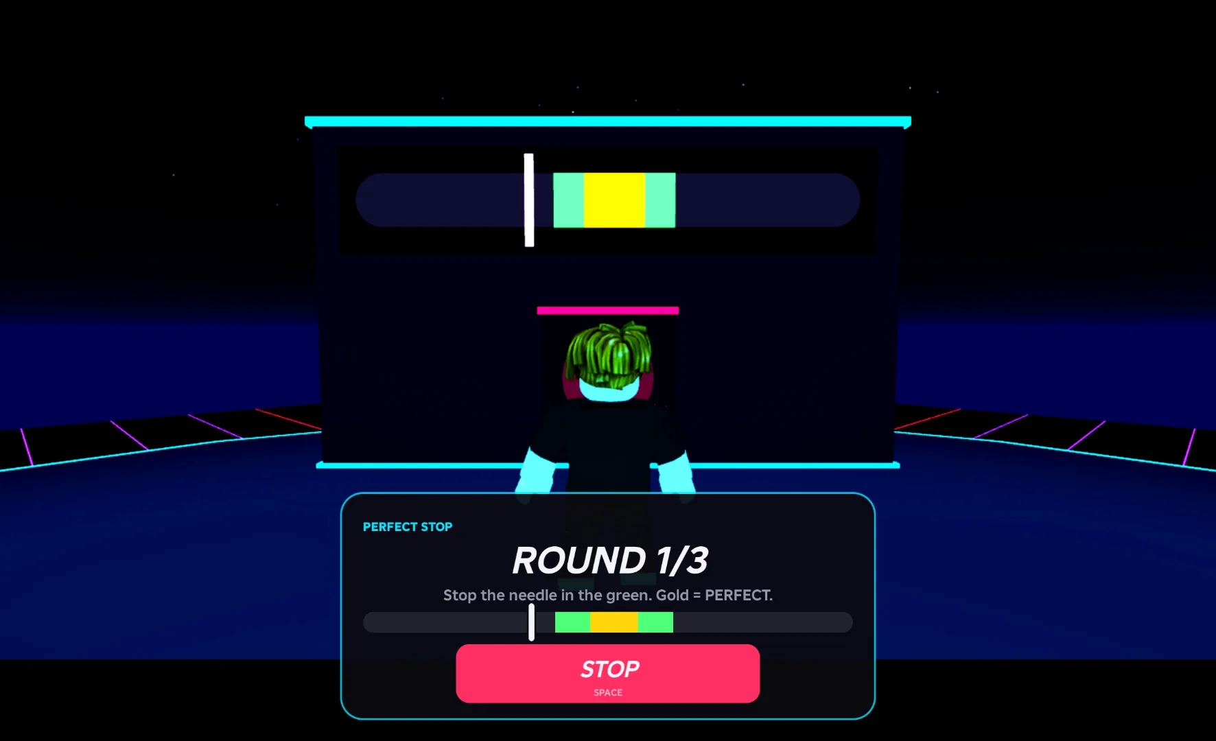 PERFECT STOP challenge: a needle sliding toward the green and gold zone on a neon board
