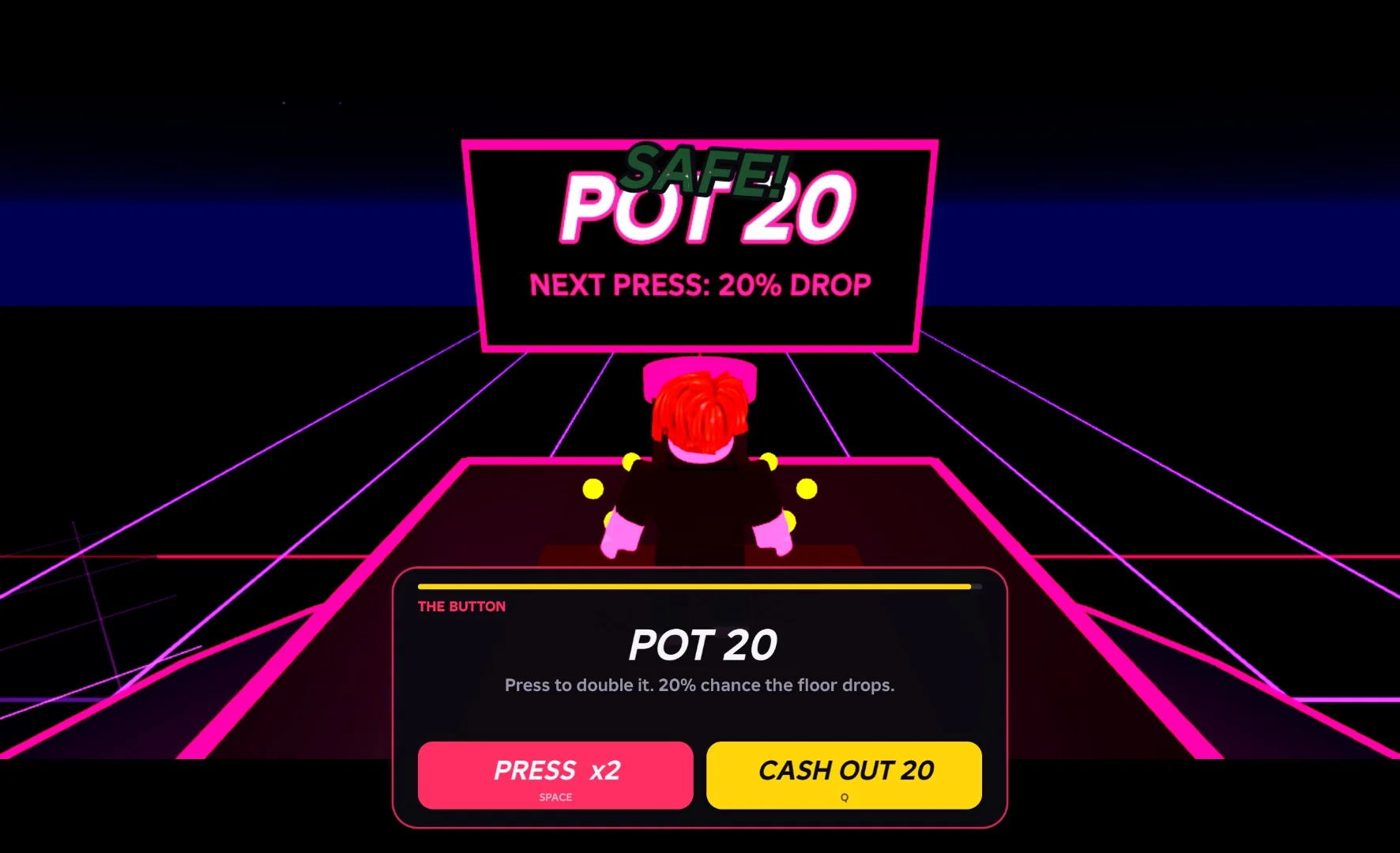 THE BUTTON challenge: the pot board reads POT 20, next press 20% drop, with Press and Cash Out buttons