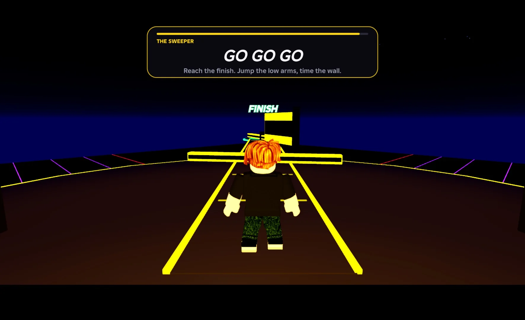 THE SWEEPER challenge: a narrow yellow bridge with a spinning arm and the finish platform ahead
