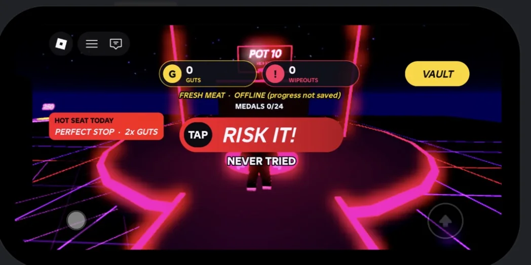 RISK IT! on a phone screen: the Tap, Risk it prompt beside the thumbstick and jump button