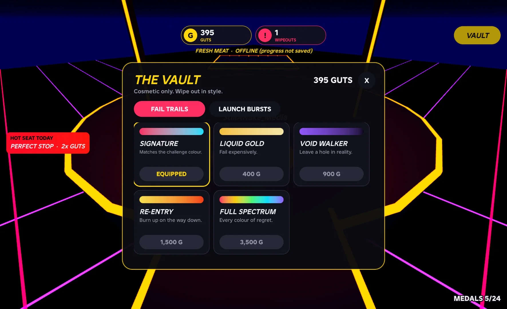 THE VAULT shop open on the Fail Trails tab, showing Signature, Liquid Gold and Void Walker