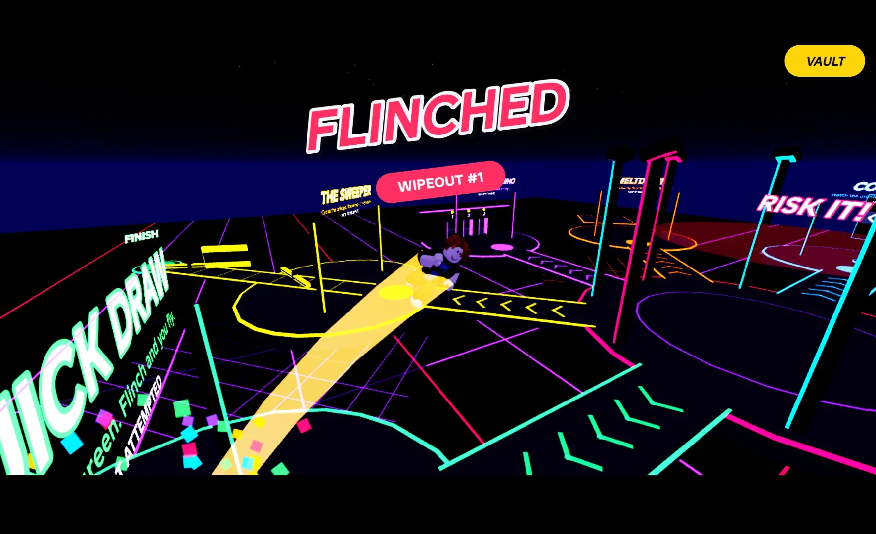 A player launched with a gold trail and colourful square confetti