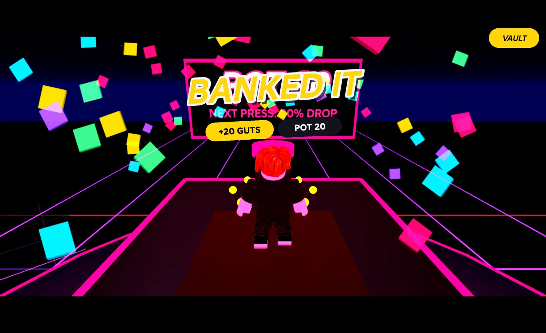 A win in RISK IT!: the words Banked it with +20 GUTS and confetti falling around the player