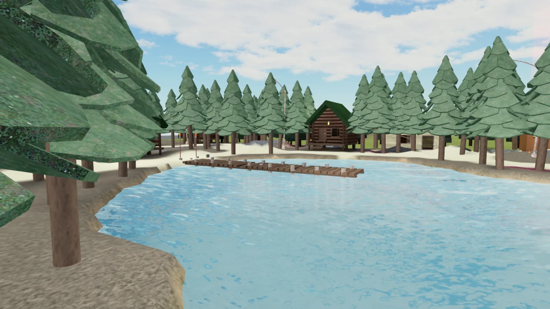 Cabins around the campground lake in Stillskin Forest