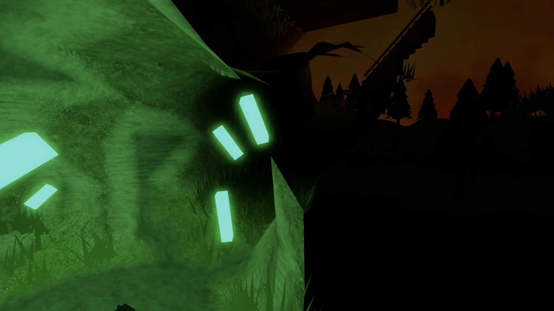 The green-lit chamber at the bottom of the crypt cave