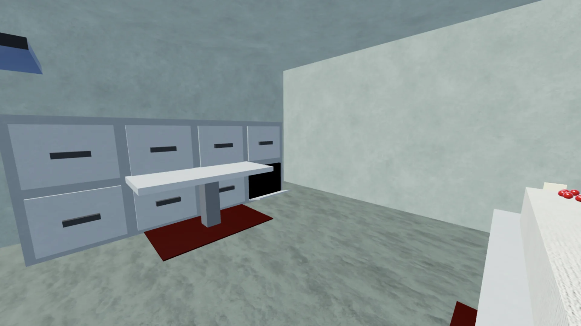 The drawer wall and autopsy tables in the St. Agnes morgue