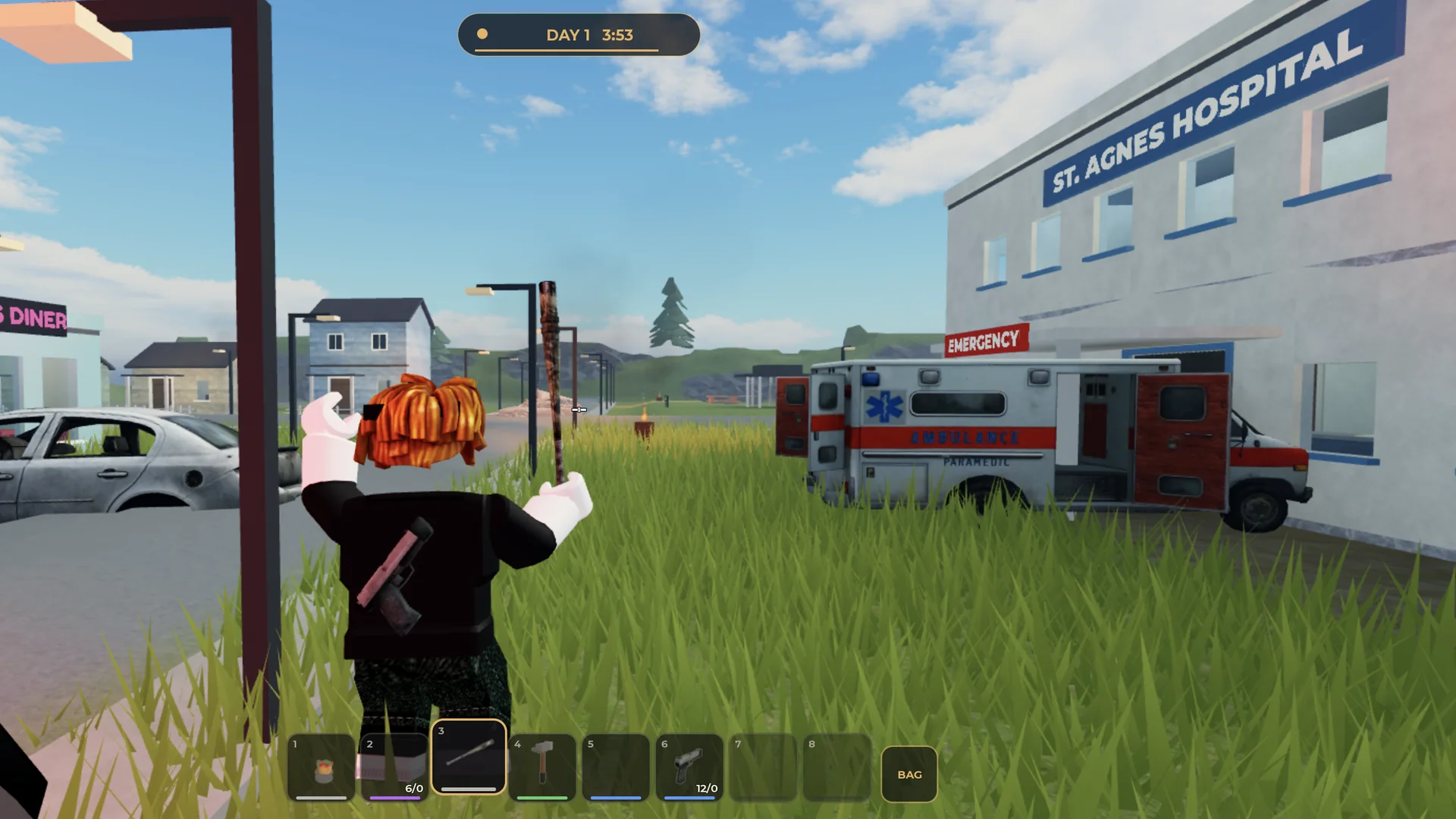 The hotbar with items and ammo counts