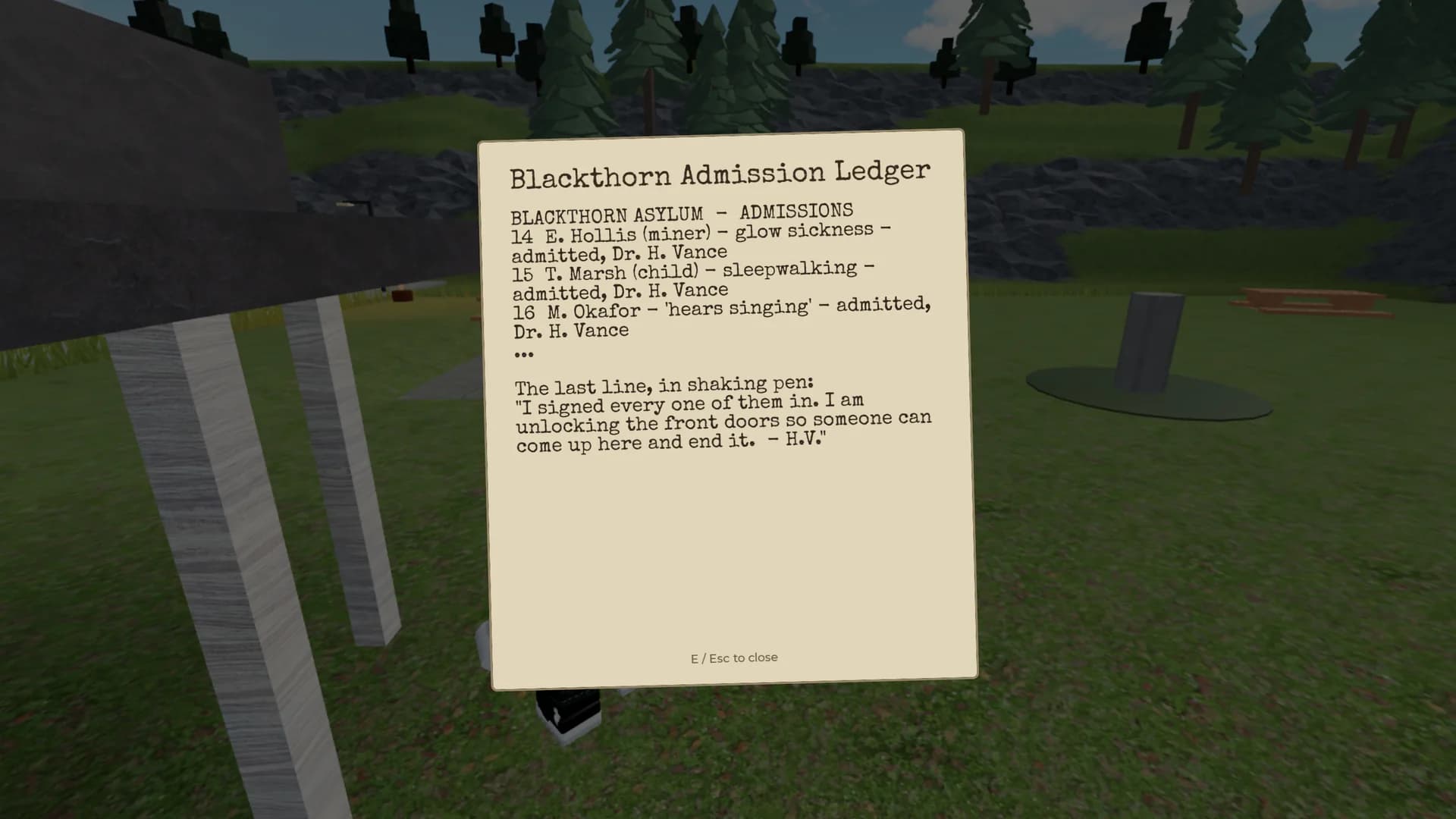 The Blackthorn Admission Ledger open in the note reader
