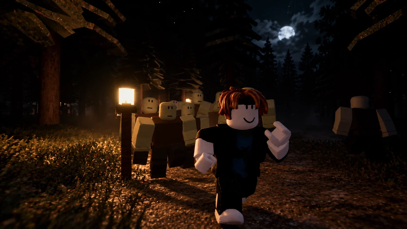 A survivor runs from a crowd of infected along a lantern-lit forest trail at night