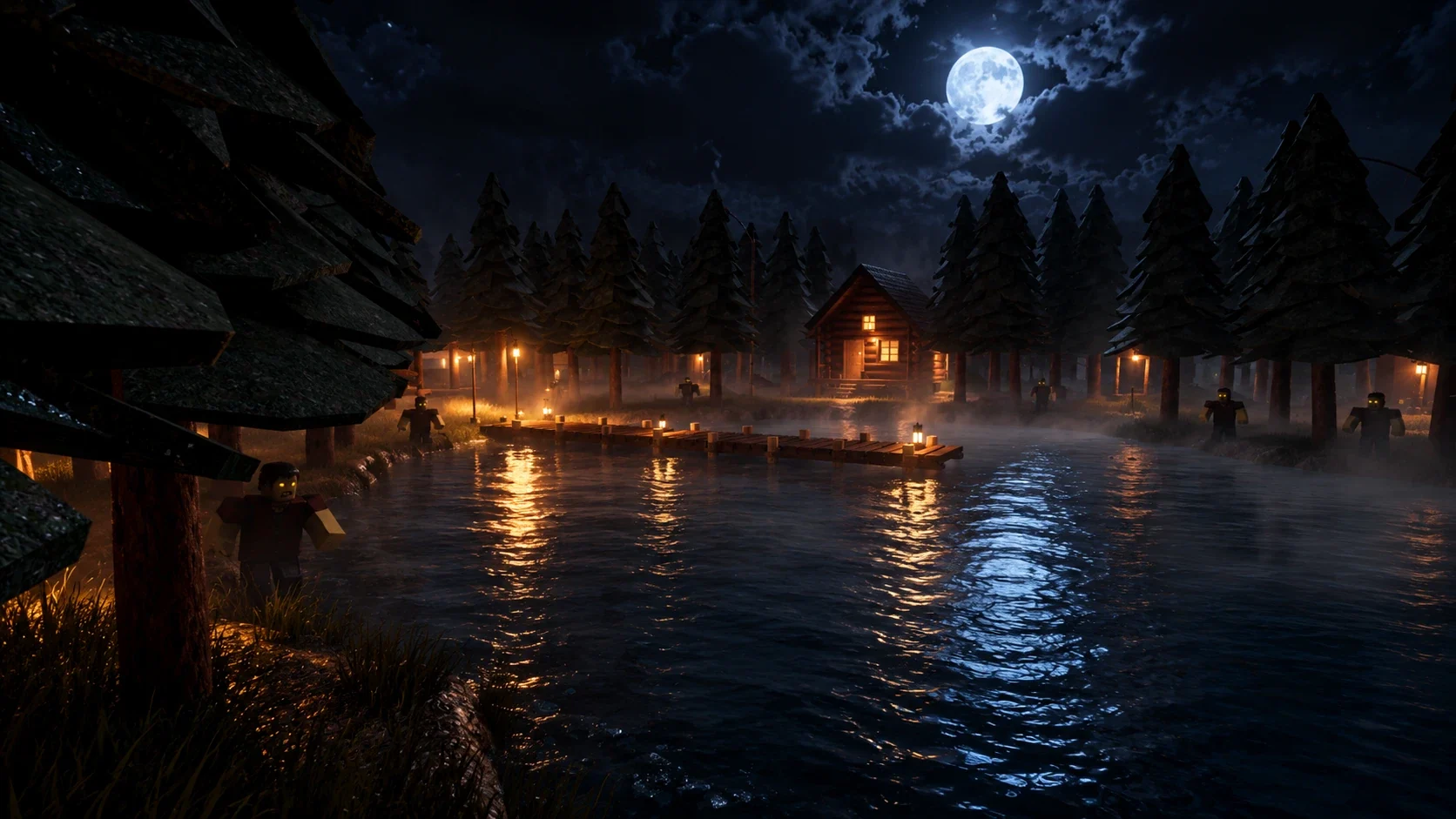 A log cabin across the campground lake at night, with infected at the shoreline in Stillskin Forest